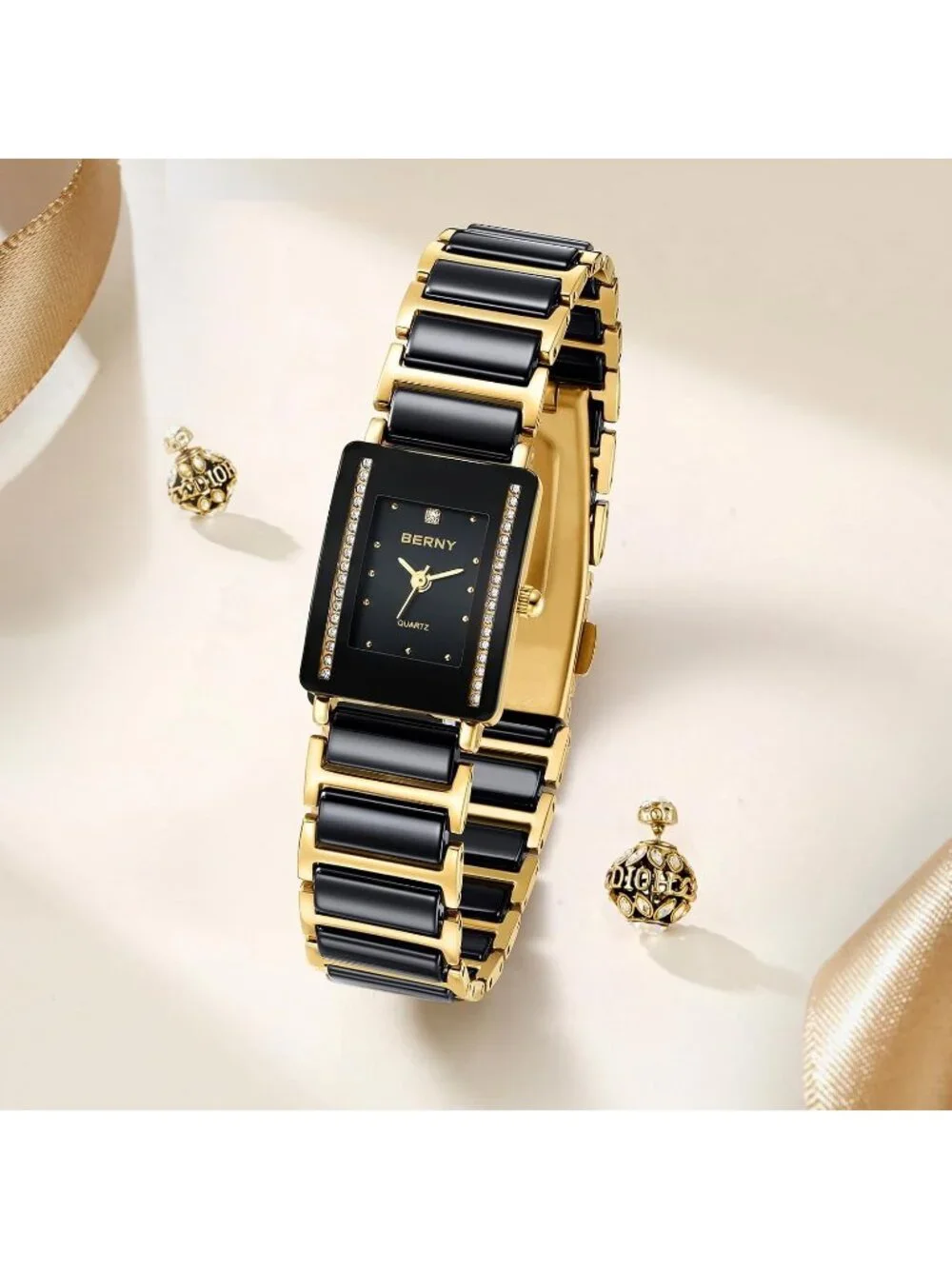 Women's Gold Black Ceramic Band Bracelet Vintage Luxury Dainty Wrist Watch
